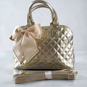 Betsey Johnson Metallic Gold Quilted Satchel with Pale Cream Bow New